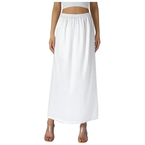 Skirts for Women Midi Length Slip Lace Long Underskirt Half Slips For Under Dresses Skirt with Lights (White, L)