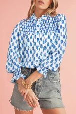 Sky Blue Boho Floral Printed Lantern Sleeve Frilled Neck Shirred Shirt KY BLUE / / 100%POLYESTER