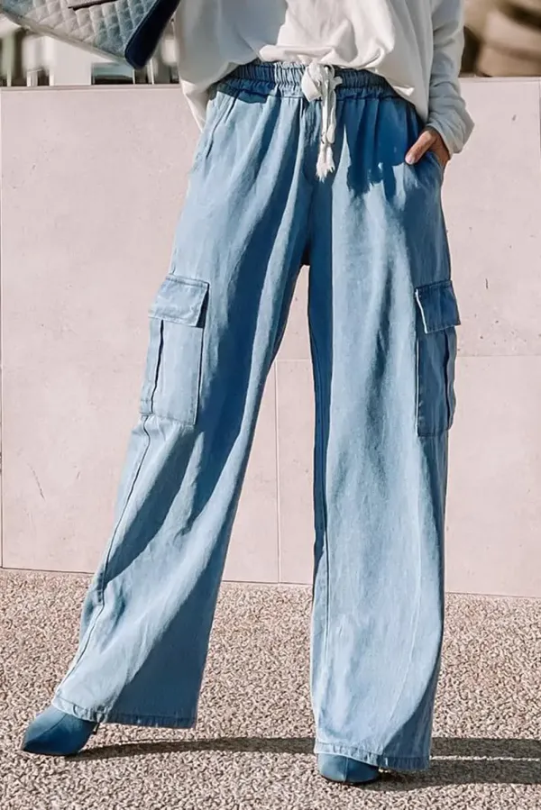 Sky Blue Drawstring High Waist Cargo Pocket Wide Leg Jeans - SKY BLUE / / 100%LYOCELL