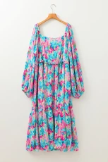 Sky Blue Floral Allover Print Shirred Square Neck Plus Size Maxi Dress KY BLUE / 1X / 100%POLYESTER