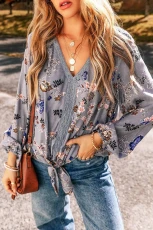 Sky Blue Floral Print Lace Patchwork Knot Front V Neck Blouse KY BLUE / Sky Blue Floral Print Lace Patchwork Knot Front V Neck Blouse KY BLUE /
