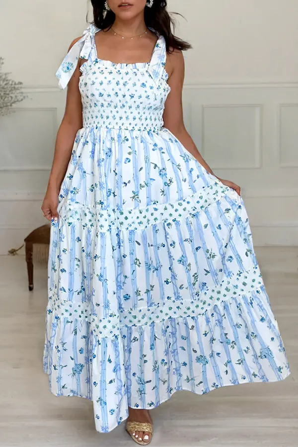Sky Blue Floral Smocked Tied Straps A-Lined Tiered Maxi Dress - Sky Blue / L / 100%Polyester