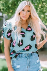 Sky Blue Ruched Short Sleeve Leopard Print Blouse ky Blue /