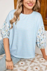 Sky Blue Stripe / Floral Puff Sleeve Patchwork Drop Shoulder Top ky Blue Stripe /