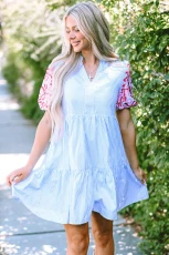 Sky Blue Stripe Contrast Floral Puff Sleeve Tiered Ruffle Dress KY BLUE STRIPE / / 65%POLYESTER+%COTTON