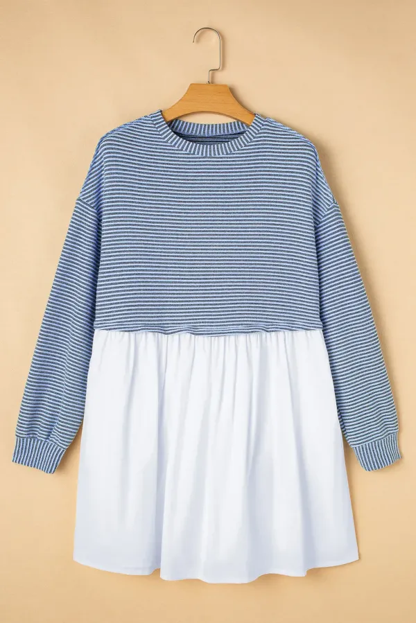 Sky Blue Stripe Patchwork Pleated High Waist Loose Mini Dress - SKY BLUE STRIPE / L / 97%POLYESTER+3%ELASTANE