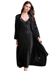 Sleepwear Women Satin Nightdress Long Silk Bathrobe 2 Pieces Camisole Pajamas Oblique V-Neck Dressing Gown Black Lingerie Elegant Nightwear Ladies Kimono Bridal L