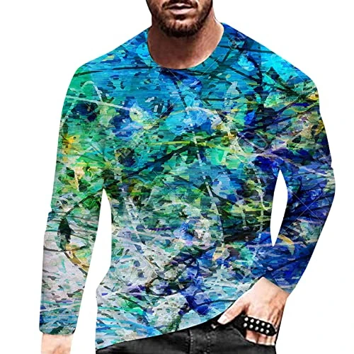 Sleeved Neck Round Blouse T-Shirt 3D Casual Print Long Men's Blouse Fashion Men's Blouse T-Shirt Men