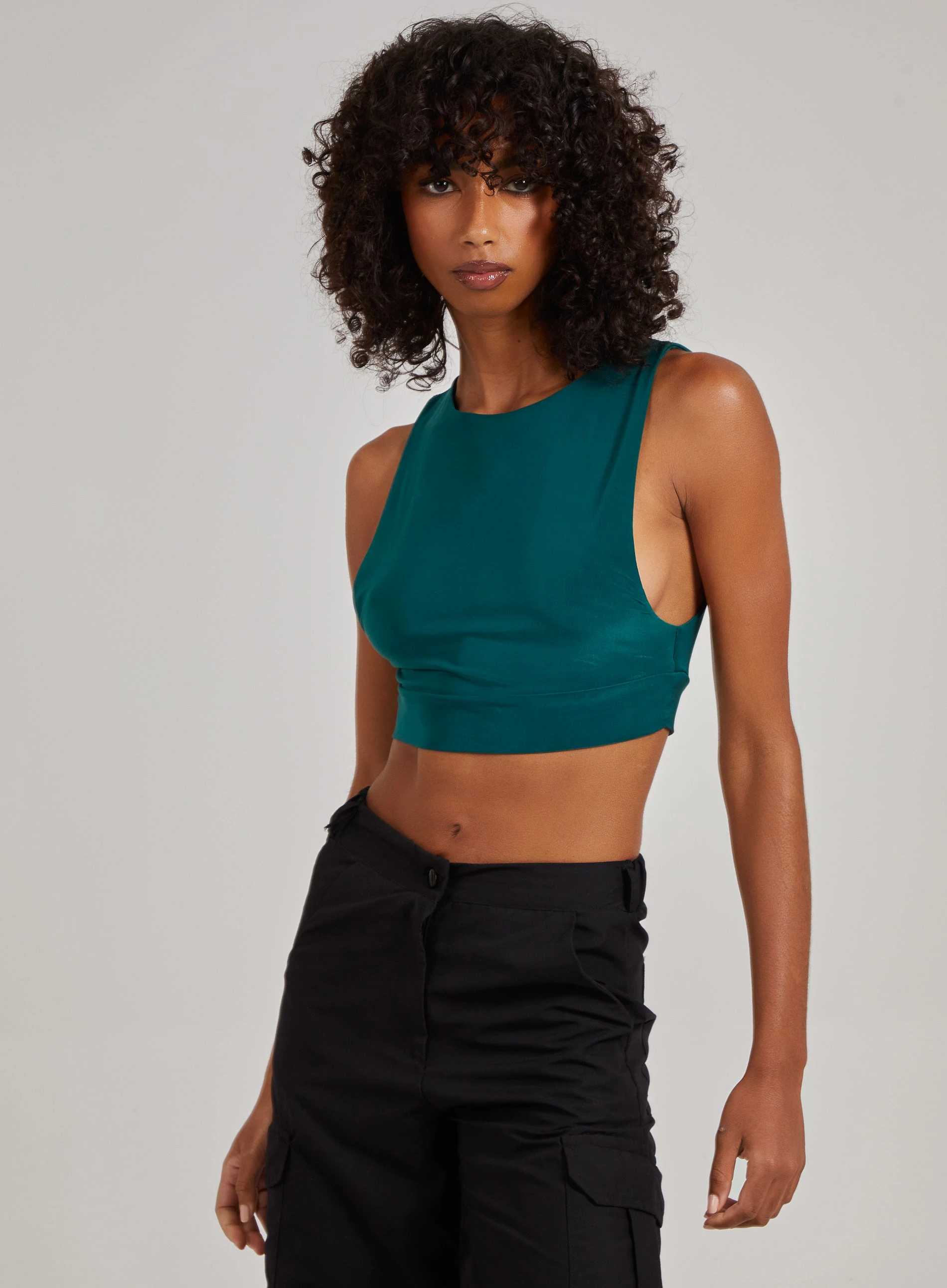 Sleeveless Slinky Crop Top  - M/L  - Bottle Green