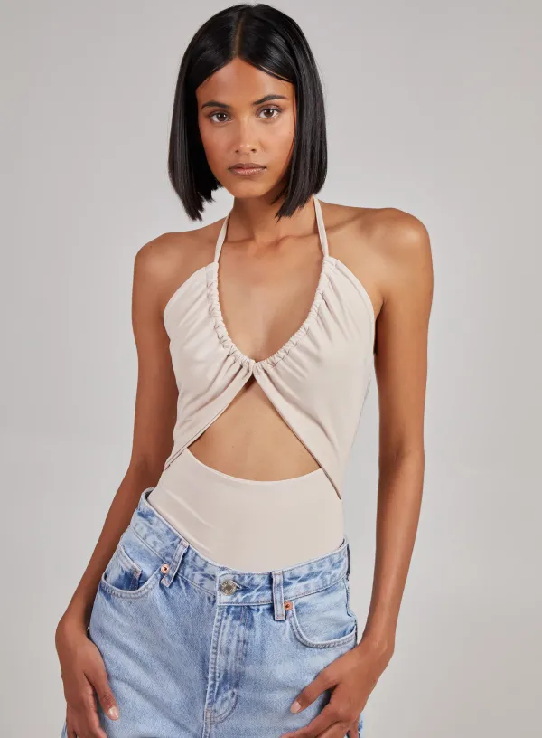 Sleeveless Slinky Cut Out Bodysuit - L - Stone