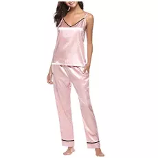 Sleeveless Top Strap Trim Pyjamas Nightwear Lace Satin Nightwear Women Set Women's Suit Set Women's Suit Elegant Business Set, pink, S
