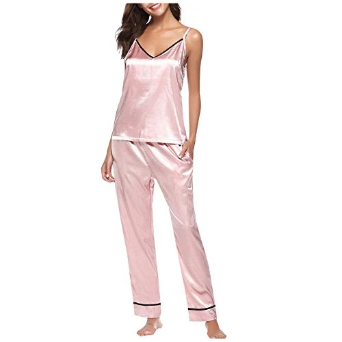 Sleeveless Top Strap Trim Pyjamas Nightwear Lace Satin Nightwear Women Set Women's Suit Set Women's Suit Elegant Business Set, pink, S