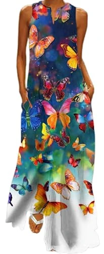 Sleeveless Vintage Printed V-Neck Maxi Dresses for Women in Summer Long Dress (XL, Multi-coloured bu