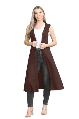 Sleeveless Women's Cardigans Stylish and Versatile Open Collared Long Boyfriend Cardigans for Women UK, Perfect Ladies Cardigan for Layering Over Summer Dresses Brown