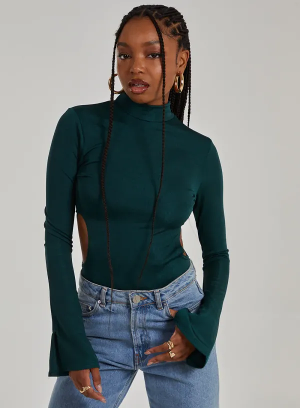 Slinky Cut Out Flare Sleeve Bodysuit Bottle Green