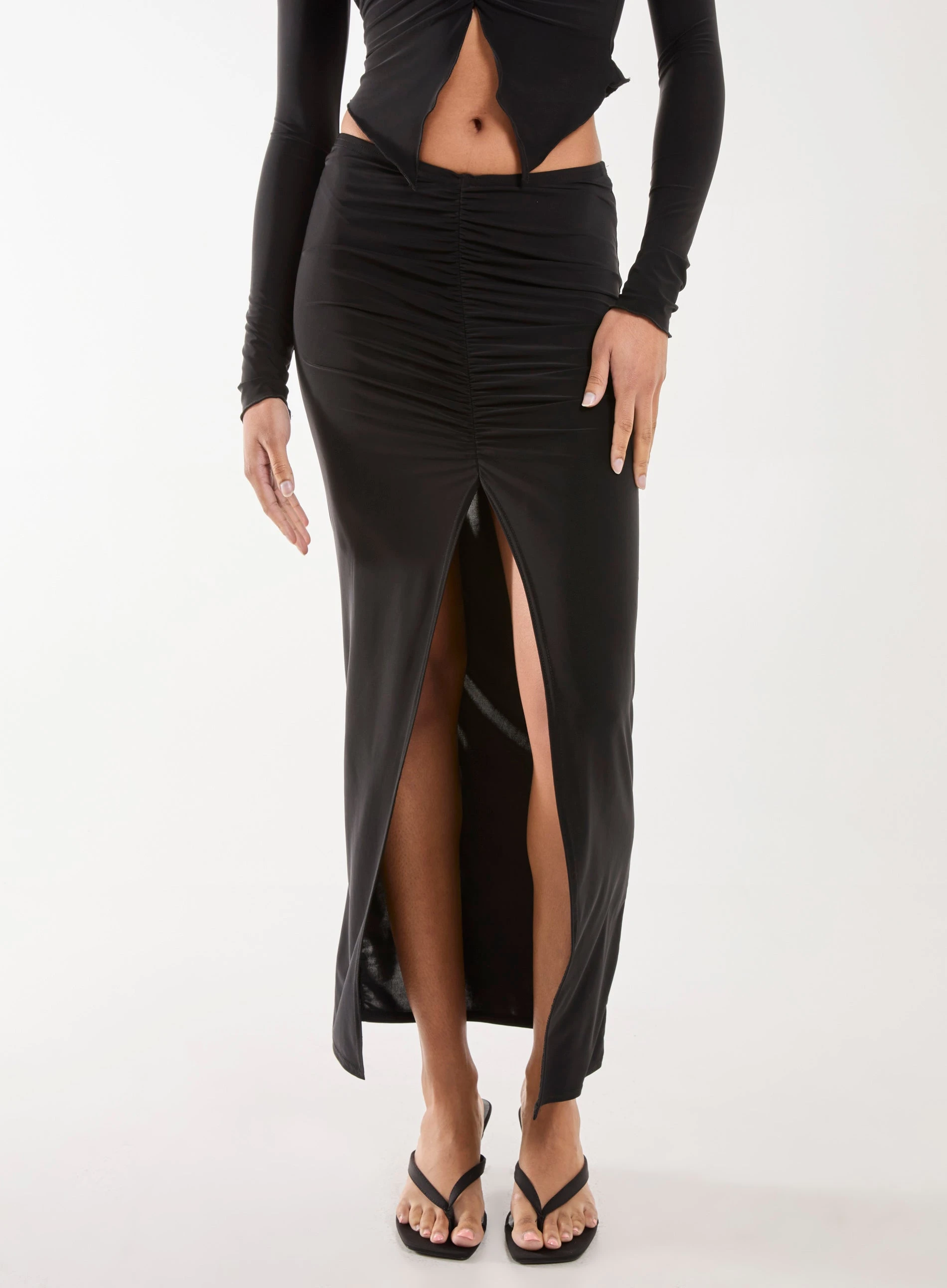 Slinky Ruched Maxi Skirt  - M  - BLACK