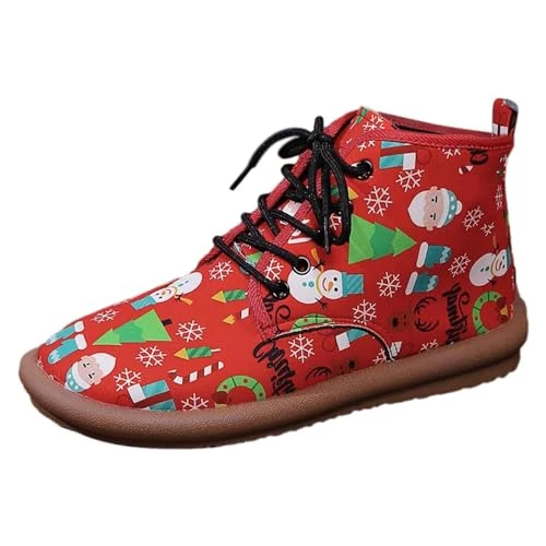 Slippers Boots Women's Winter Christmas Printed Ankle Boots European American Round Flat Lace-Up Hig