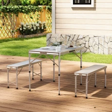 Sliver Aluminum Folding Camping Table and Benches Set - White