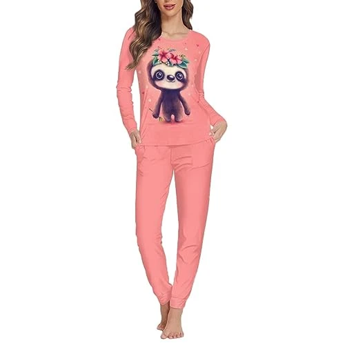 Sloth Pyjamas for Women Plus Size Long Sleeve Lounge Sleepwear Soft Pyjama Pants and Sleep Shirt Set Ladies Pjs Sets With Pockets Cute Nightwear Flower Sleepshirt 3XL