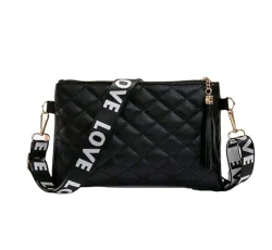 Small Bag with Adjustable Strap - Black Padded Shoulder Bag with Zip Closure Model Love Fashion, Black/White