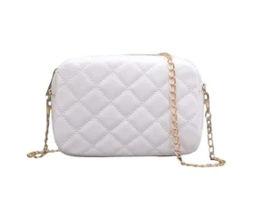 Small Bag with Chain – White Padded Shoulder Bag with Zip Closure Fashion Model, white