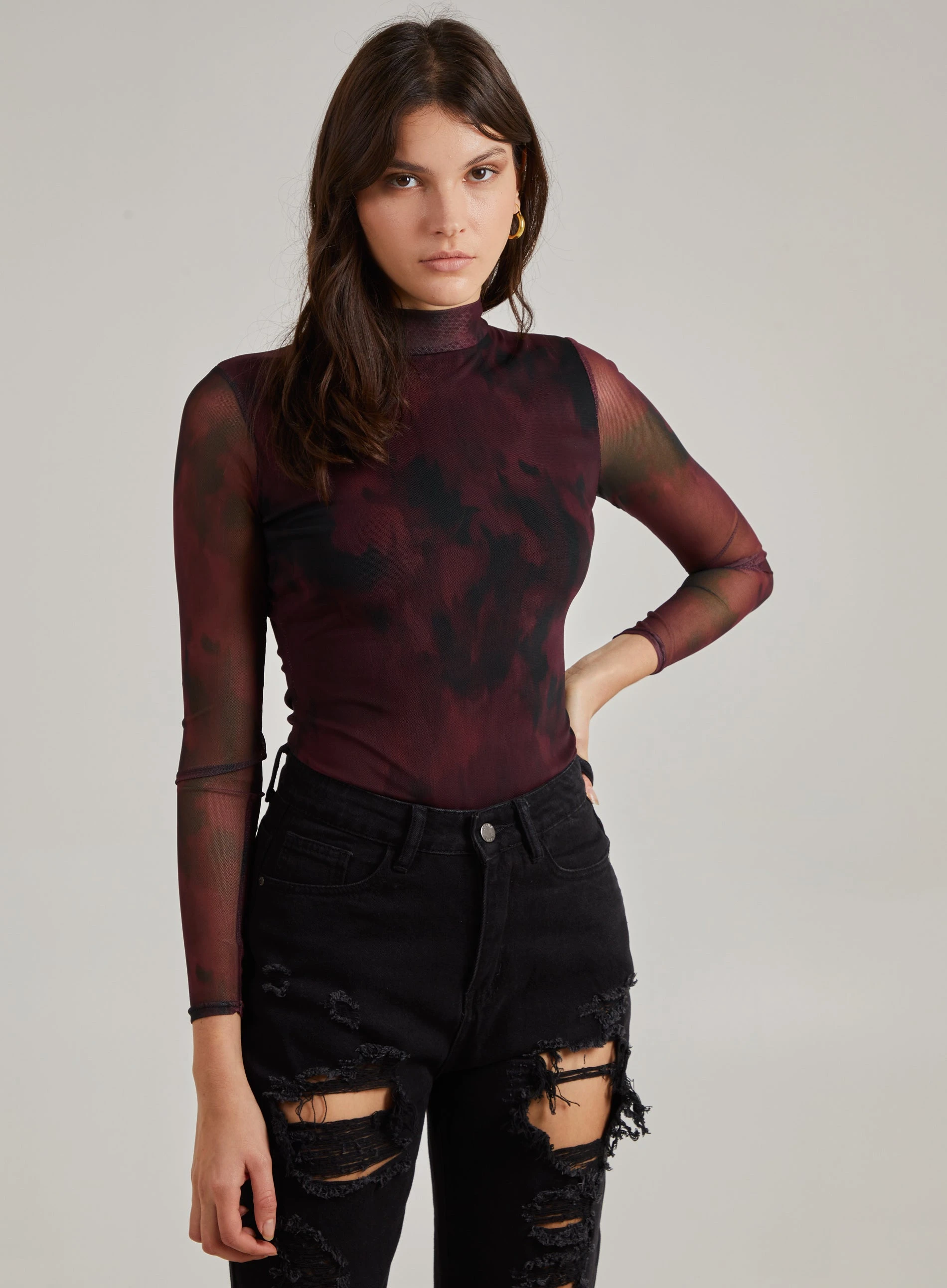 Smudge Print Long Sleeve Mesh Bodysuit Wine