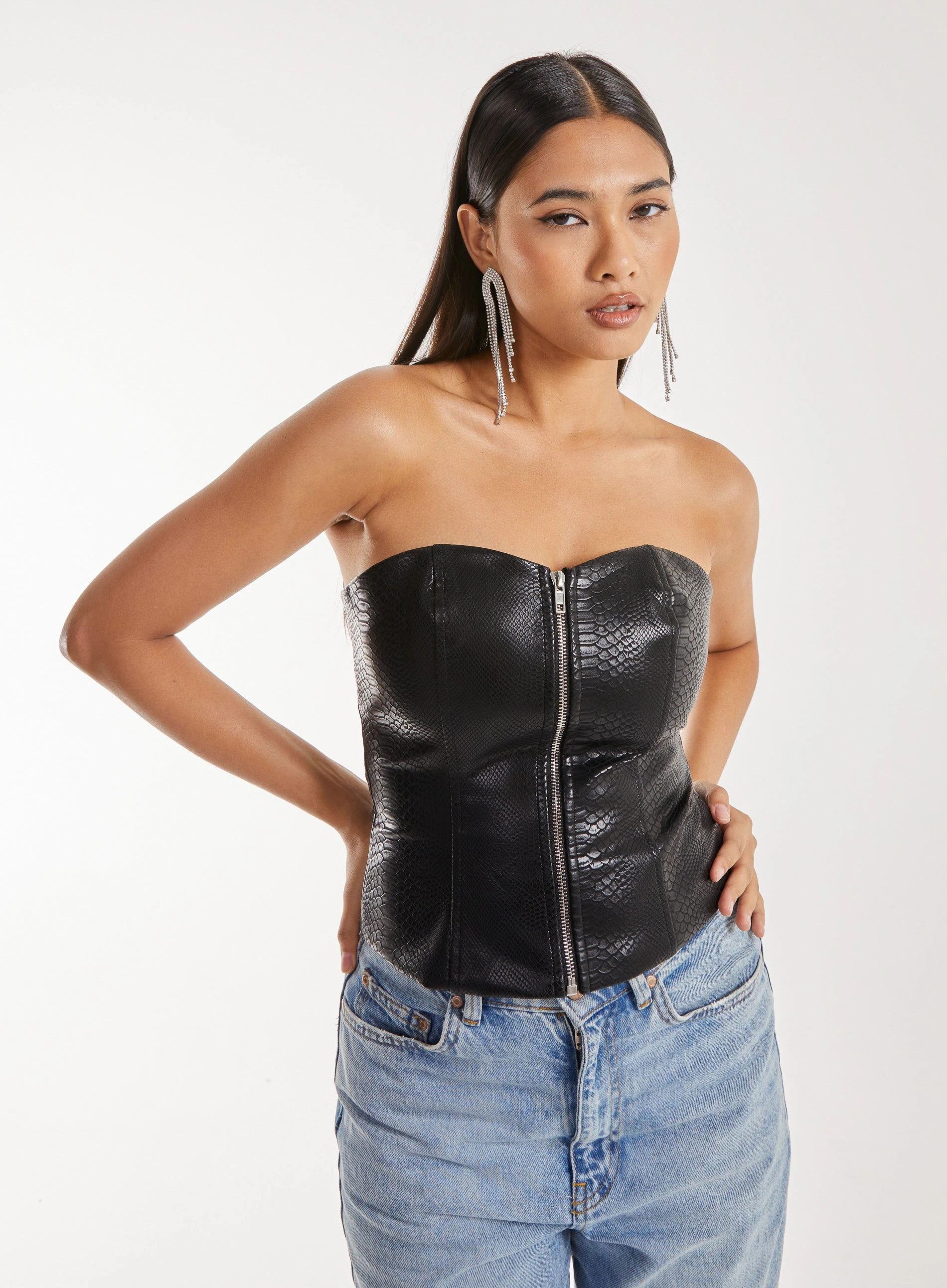 Snake PU Lace Up Corset Top Black