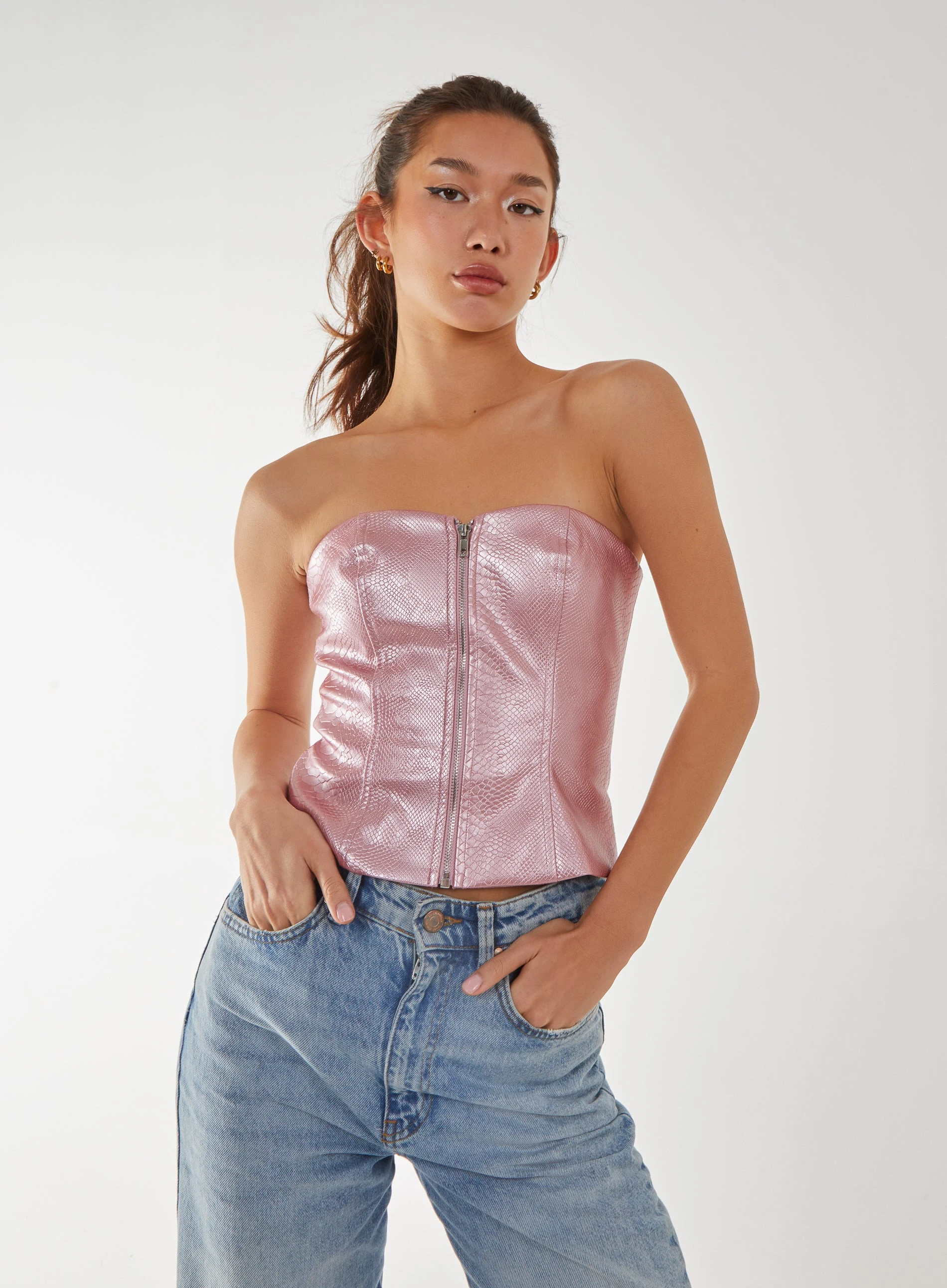 Snake PU Lace Up Corset Top Pink