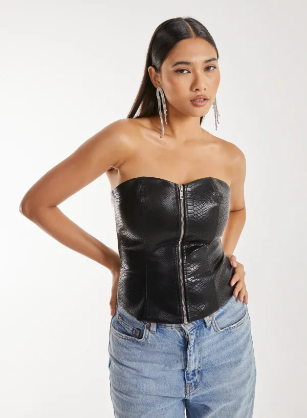 Snake PU Lace Up Corset Top Black