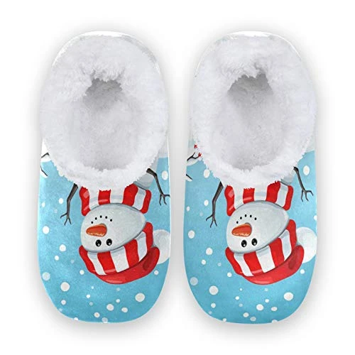 Snow Snowman Tree Christmas House Fleece Slippers Comfy Bedroom Shoes Anti-Slip for Men UK 8-9
