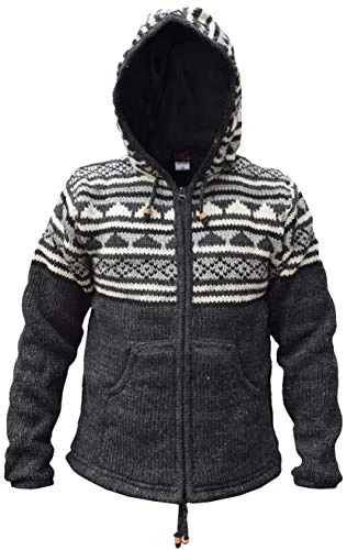 Snowflake Winter Double Knitted Hand Made Nepalese Jacket Hoodie Fair Isle Snow Charcoal Medium