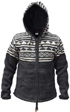 Snowflake Winter Double Knitted Hand Made Nepalese Jacket Hoodie Fair Isle Snow Charcoal Medium