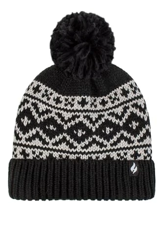 SOCKSHOP Ladies Hat - Womens 'Billingen' Turn Over Cuff Thermal Hat Fair Isle Pattern Pom Pom Winter Warm One Size Black