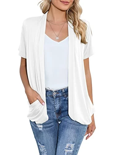 Soft and Breathable Short Sleeve Cardigan for Women with Pockets（Large,White）