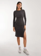 Soft Brushed Rib Long Sleeve Midi Dress  - L  - Charcoal