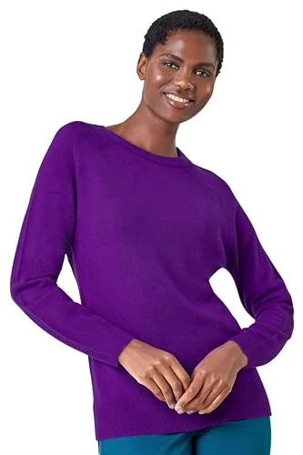 Soft Jumper for Women UK Ladies Winter Autumn Sweater Knit Knitwear Round Crew Neck Top Plain Lightweight Comfy Long Sleeve Split Hem Everyday Daywear - Purple ize 16