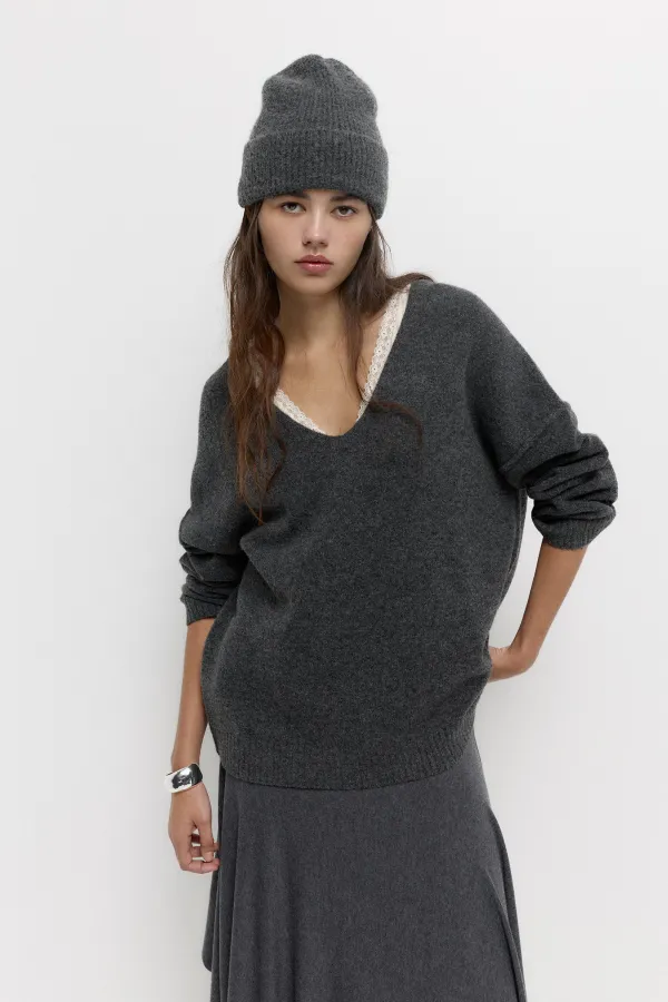 Soft Knit V-Neck Sweater - Anthracite grey