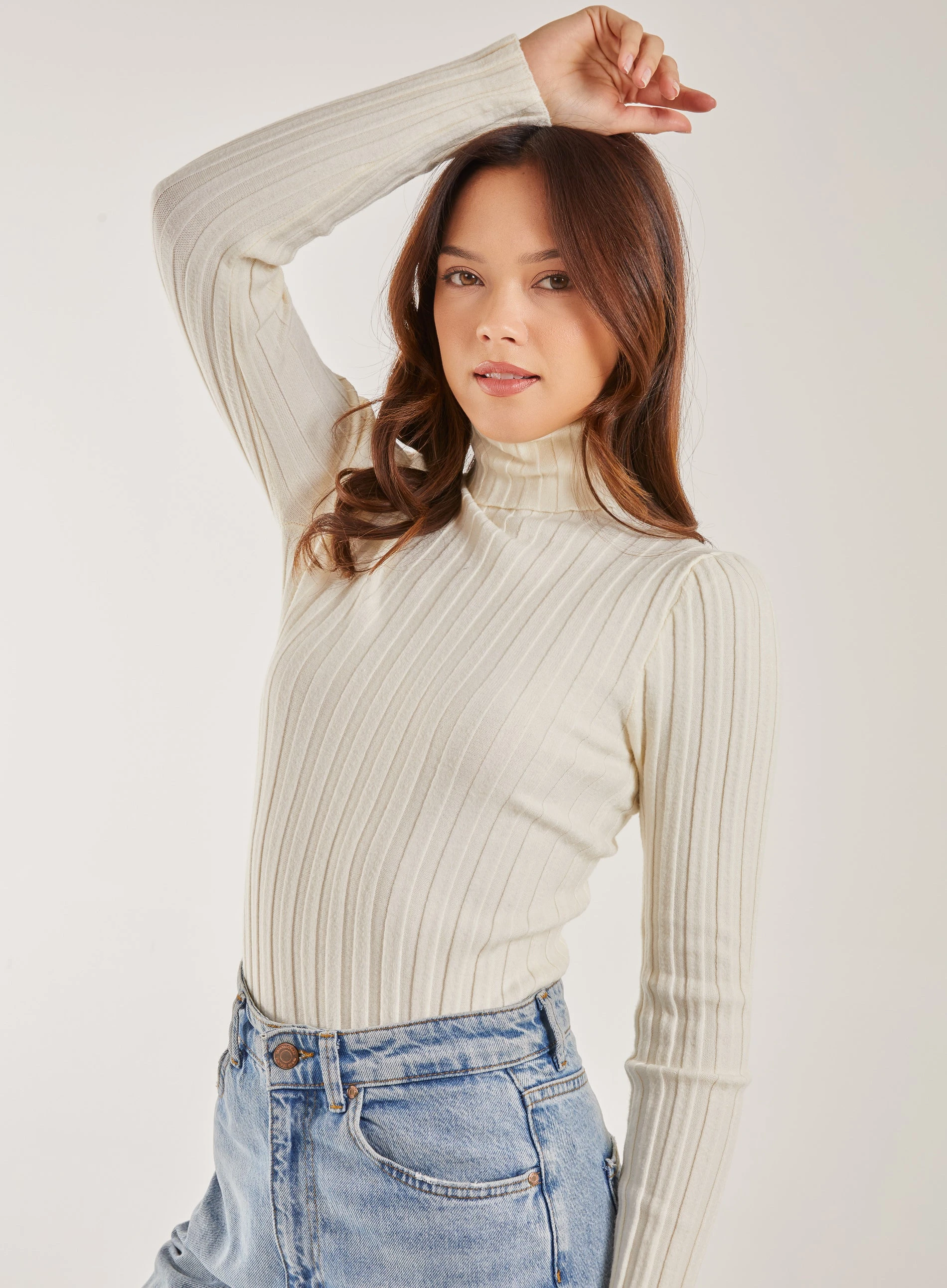 Soft Knit Wide Rib Roll Neck Top  - S/M  - Ivory