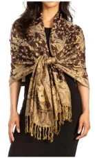 Soft Silky Double Layer Jacquard Paisley Pashmina Shawl/Wrap/Scarf - Black/Gold - Black / Gold