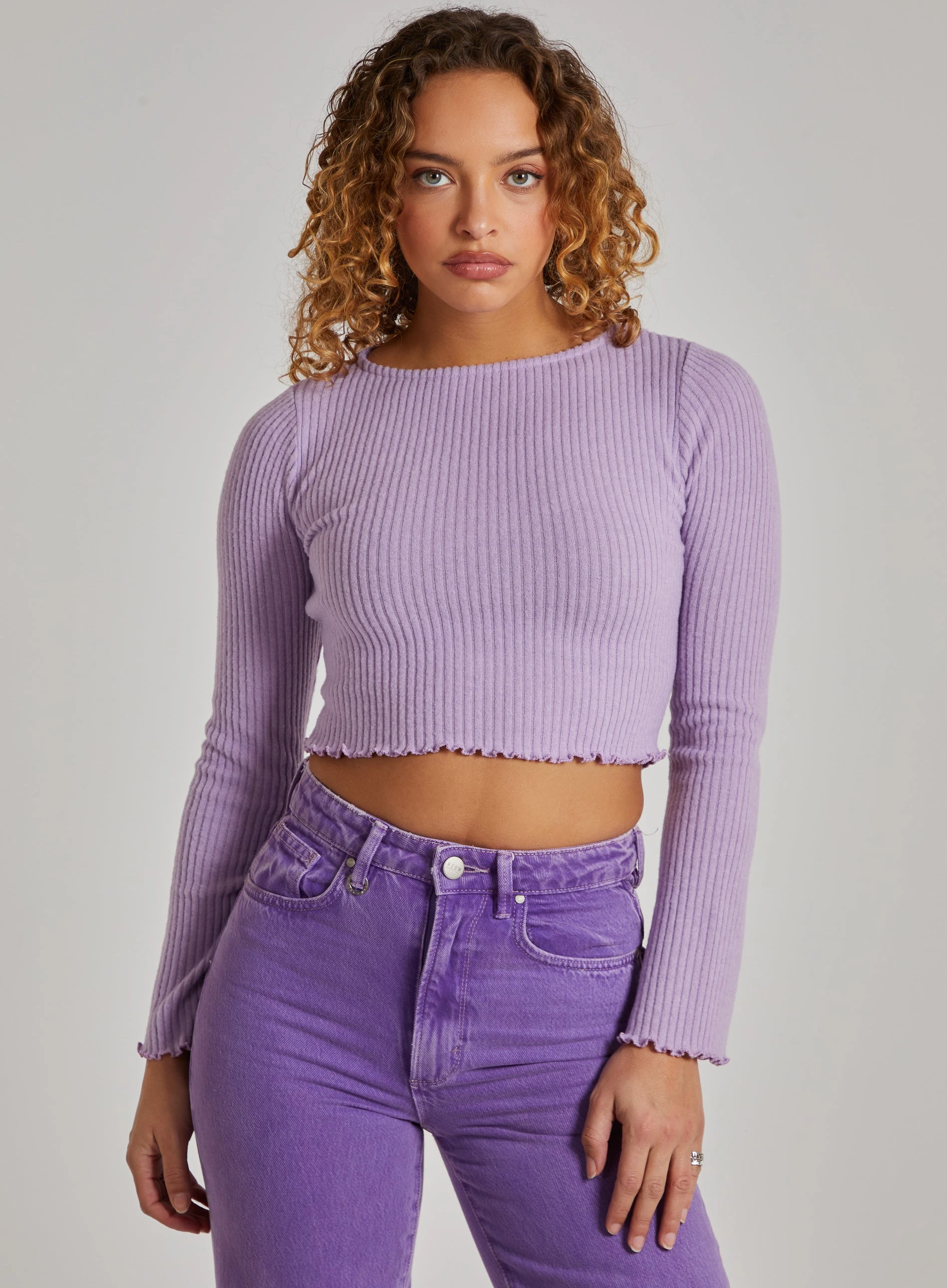 Soft Wide Brushed Ribbed Lettuce Hem Long Sleeve Top  - L  - Lilac