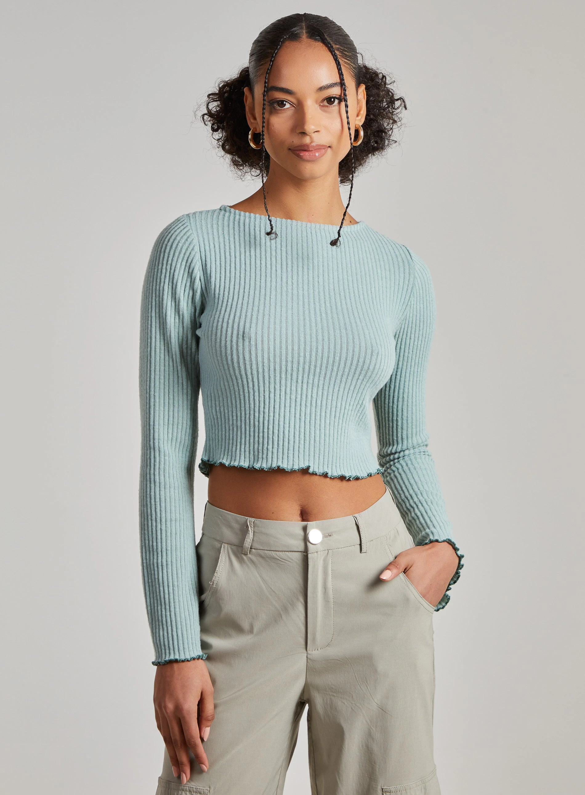 Soft Wide Brushed Ribbed Lettuce Hem Long Sleeve Top  - S  - Sage