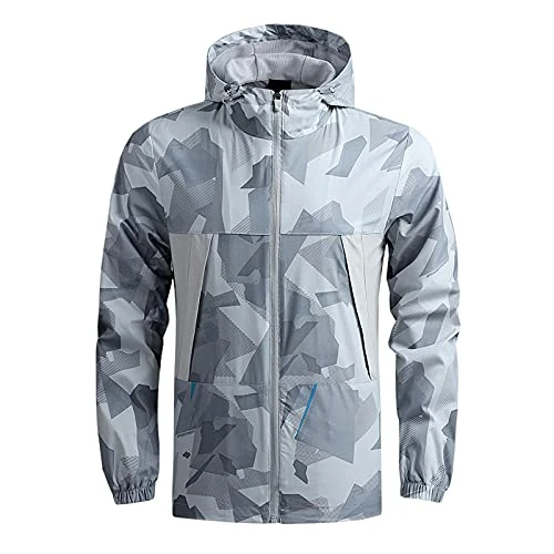 Softshell Jacket Men's Waterproof Motorcycle Jacket Men's Casual Print with Hood Zip Long Sleeve Pocket Coat Loose Jacket Wind Protection for Holiday Travel Outdoor Men's Blouson, gray, L