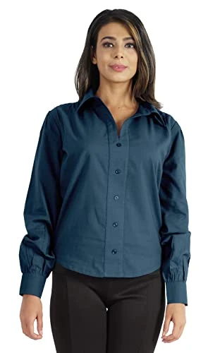 Solid Button Down Collar Neck Shirt Long Sleeve Formal Shirts for Women's Teal Blue