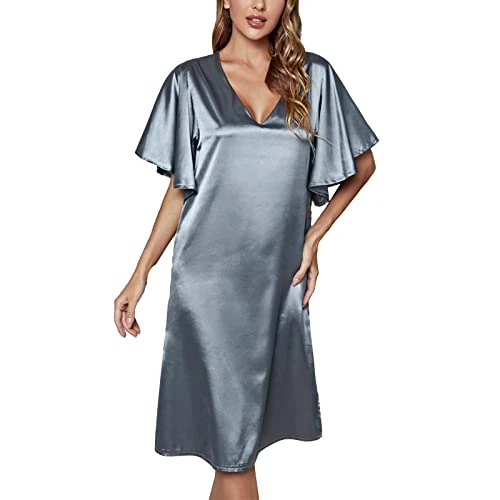 Solid Color Female Ice Silk Nightdress Summer Short Sleeve Women's Gown Womens Bathrobe Plush Wrap