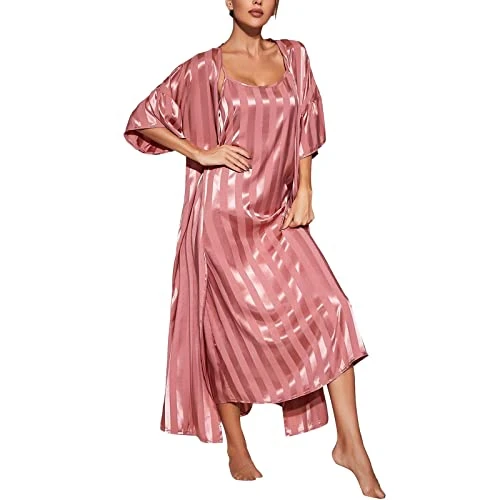 Solid Color Striped Satin Robe Femmes Women Sexy Nightwear Sleepwear 2 Pcs Set Pajamas Womens Bath Robes Female