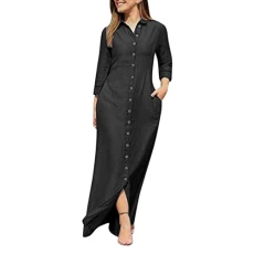 Solid dress sleeves long dress long loose women's button casual neckline denim V-pocket women's casual dress wrap dresses women's summer dress for women dress women's elegant sexy, black, S