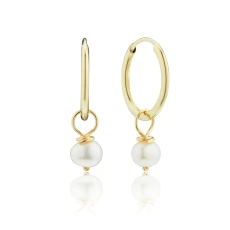Solid Gold Small Pearl Drop Hoop Earrings