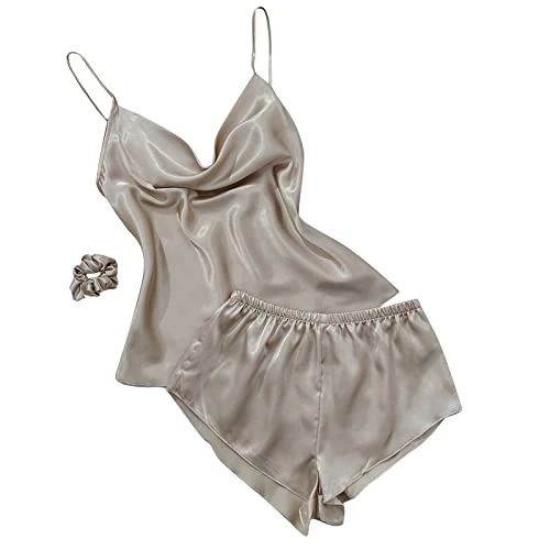 Solid Ice Silk Pyjamas Women's Thin Home Suspender Shorts Set Sexy Light Two Piece Home Clothes Nightdress Women's Set, a, S