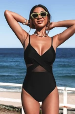 Solid Mesh Wrap Front Cutout Black One Piece Swimsuit Solid Mesh Wrap Front Cutout Black One Piece Swimsuit