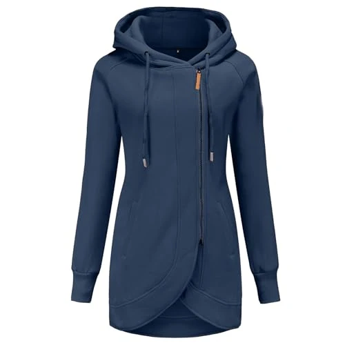 Solid Women's Winter Hoodie with Asymmetric Hem Women's Cardigan Zip Sweatshirt with Hood and Pockets Zip Women's Hoodie with Hood, blue, XXL